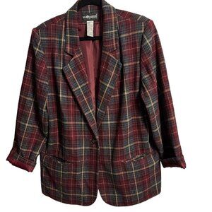 WOMEN'S VINTAGE SAG HARBOR Maroon & blue‎ Wool Blend Plaid Blazer 16 P￼